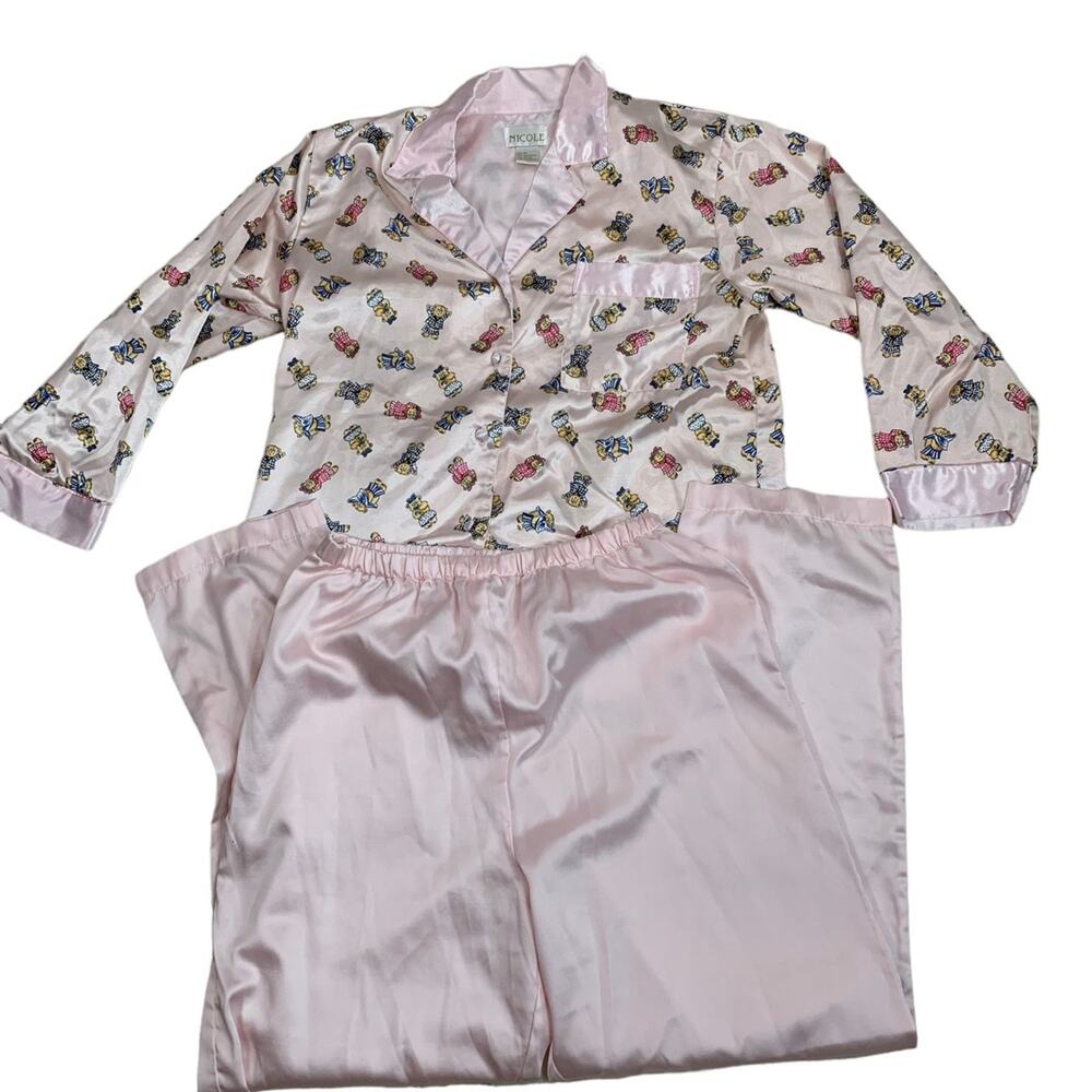 Nicole 2 pc Pajama Set Teddie Bear Print Silky Pink Elastic Waist Women's Medium